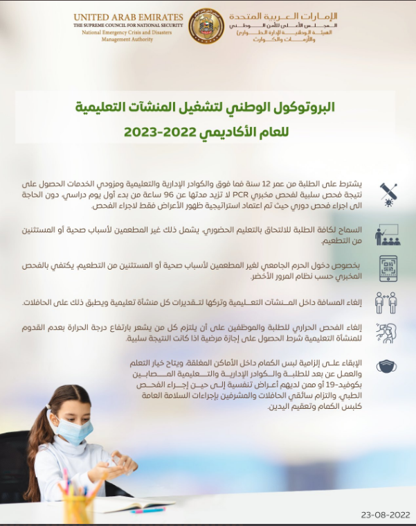  البروتوكول الوطني لتشغيل المنشآت التعليمية للعام الأكاديمي 2022-2023 